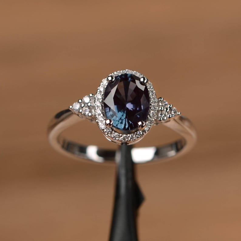 oval alexandrite promise ring sterling silver June birthstone color changing halo wedding ring 