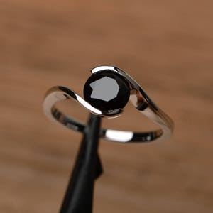 natural black spinel ring solitaire engagement ring for women sterling silver bezel setting