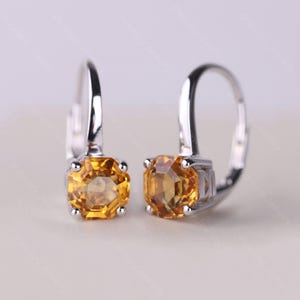 unique octagon cut citrine earrings sterling silver hook earrings November birthstone earrings