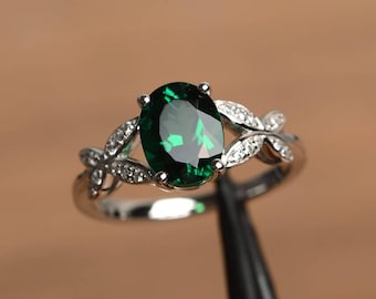 natural chrome diopside ring oval cut green gemstone ring sterling silver engagement ring for women