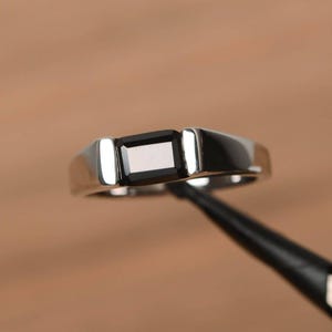 horizontal proposal ring natural black spinel ring emerald cut black gemstone sterling silver couple rings
