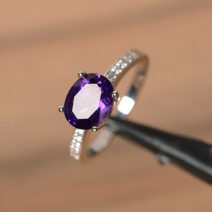 purple amethyst ring oval gemstone February birthstone promise ring sterling silver engagement ring anniversary gift for her