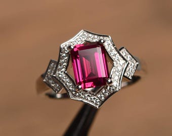 Bague rubis taille émeraude juillet pierre de naissance bague rouge pierre précieuse alliance en argent sterling pour femme