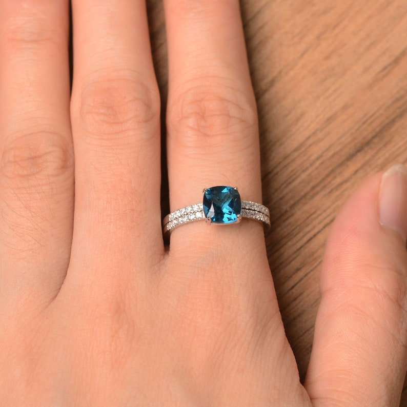engagement ring London blue topaz ring stacking ring promise ring for her cushion cut sterling silver image 6