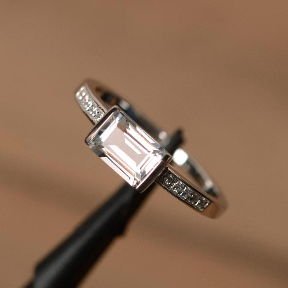 natural white topaz ring emerald cut promise ring sterling silver November birthstone
