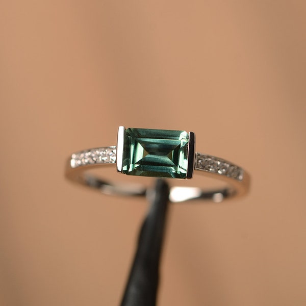 half bezel setting green sapphire engagement ring emerald cut sterling silver delicate wedding ring