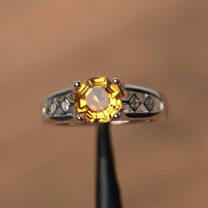 Vintage citrine engagement ring for women sterling silver octagon cut yellow gemstone November birthstone