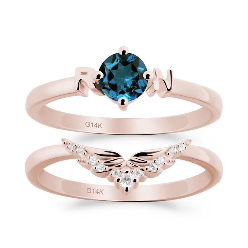 Custom Two Letter Natural London Blue Topaz Ring Set, Sterling Silver ...