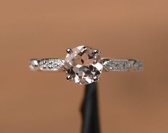 genuine pink morganite ring sterling silver round cut gemstone ring engagement ring for women