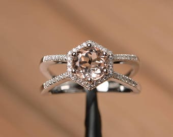 genuine natural pink morganite ring engagement ring solid sterling silver ring round cut pink gemstone ring