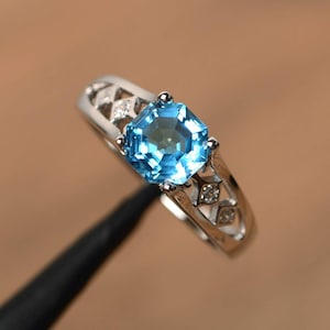 Swiss blue topaz ring vintage engagement ring for women sterling silver octagon cut blue gemstone