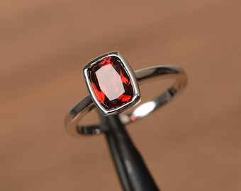 promise ring natural red garnet ring January birthstone ring cushion cut red gemstone sterling silver ring