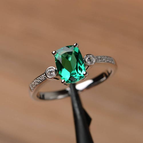 Elongated Cushion Cut Emerald Ring May Birthstone White Gold | Etsy
