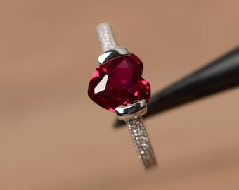 ruby anniversary ring ruby ring July birthstone heart cut red gemstone sterling silver ring