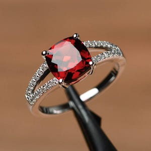natural garnet ring engagement ring cushion cut January birthstone ring silver ring red gemstone ring