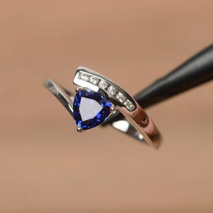 sapphire wedding ring blue sapphire ring September birthstone trillion cut gemstone sterling silver ring