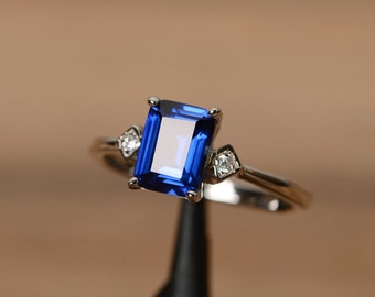 Blue sapphire engagement ring September birthstone emerald cut simple wedding ring