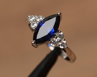 blue sapphire ring sapphire wedding ring September birthstone marquise cut blue gemstone sterling silver ring