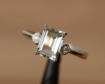 green amethyst ring emerald cut sterling silver engagement ring for women
