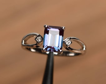 proposal ring alexandrite ring June birthstone emerald cut gemstone sterling silver color changing gems