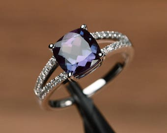 alexandrite ring cushion cut engagement ring sterling silver split shank ring color changing