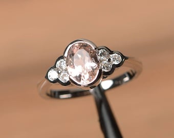 natural pink morganite ring engagement ring oval cut pink gemstone sterling silver ring