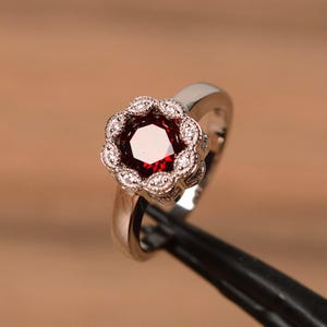 natural garnet ring sterling silver engagement ring round cut red gemstone January birthstone ring