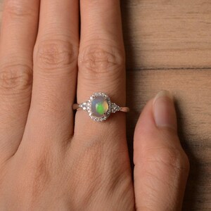 natural opal ring silver halo ring oval cut white opal engagement ring natural gemstone rings for women October birthstone image 4