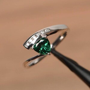 emerald promise ring emerald ring May birthstone trillion cut green gemstone sterling silver ring