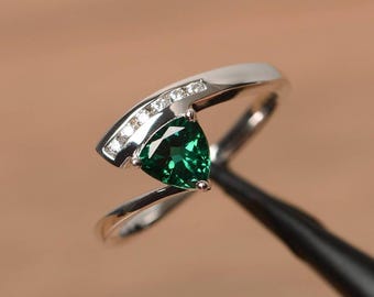 emerald promise ring emerald ring May birthstone trillion cut green gemstone sterling silver ring