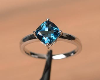 London blue topaz ring engagement ring blue gemstone cushion cut gems sterling silver ring