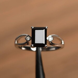 natural black spinel ring emerald cut black gemstone sterling silver anniversary ring for women