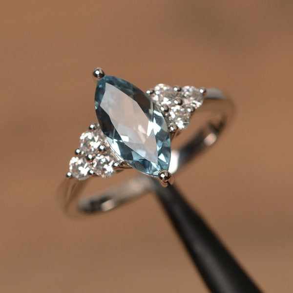 natural aquamarine ring March birthstone marquise cut blue gems sterling silver ring promise ring