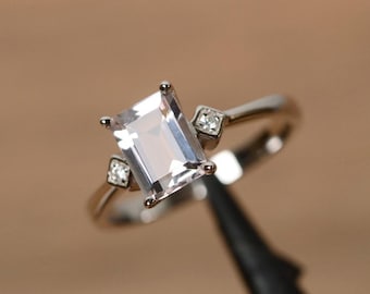 Pink morganite ring emerald cut morganite engagement ring silver pink gemstone rings promise ring
