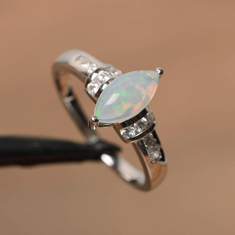 opal engagement ring natural white opal ring October birthstone marquise cut gemstone sterling silver ring image 2