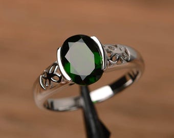 genuine diopside ring oval cut green gemstone ring sterling silver solitaire anniversary ring