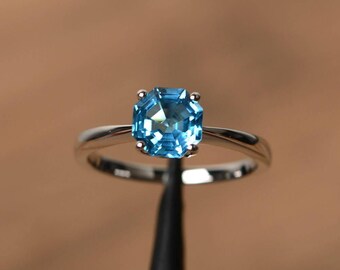 Genuine Swiss blue topaz rings octagon cut blue gemstone rings silver rings solitaire rings