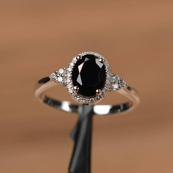 natural black spinel ring oval cut wedding engagement ring sterling silver ring Black ring