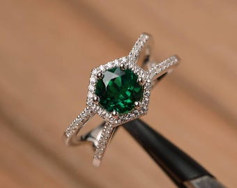 unique emerald halo cocktail ring sterling silver round cut green gemstone May birthstone ring