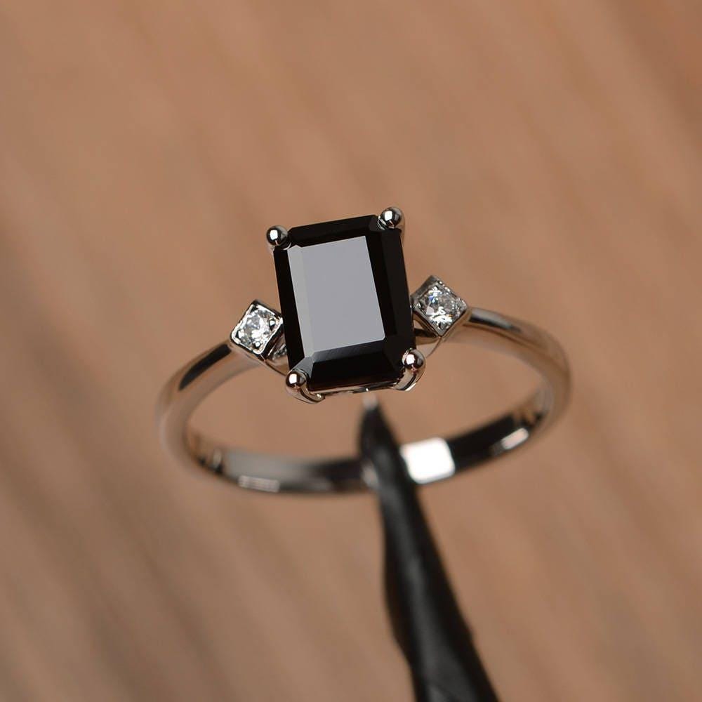natural black spinel statement ring emerald cut black stone sterling silver minimalist ring