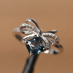 einzigartige London Blautopas Ring Asscherschliff Sterling Silber Schleife Verlobungsring beste Freundin Geschenke