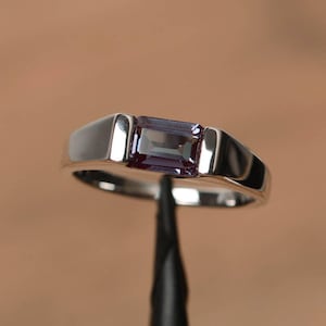 east west ring alexandrite anniversary ring June birthstone emerald cut color changing gemstone sterling silver