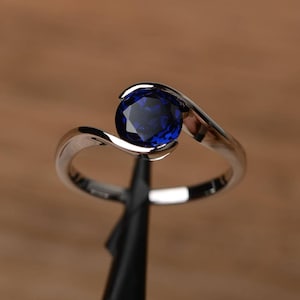 lab sapphire ring promise engagement ring round cut sterling silver ring solitaire blue September birthstone gemstone ring