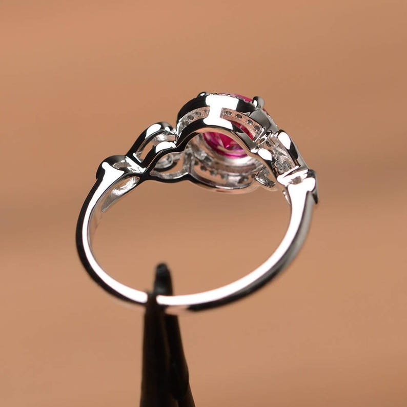 Lab ruby ring engagement promise ring round cut ring silver ring July birthstone red gemstone ring image 4