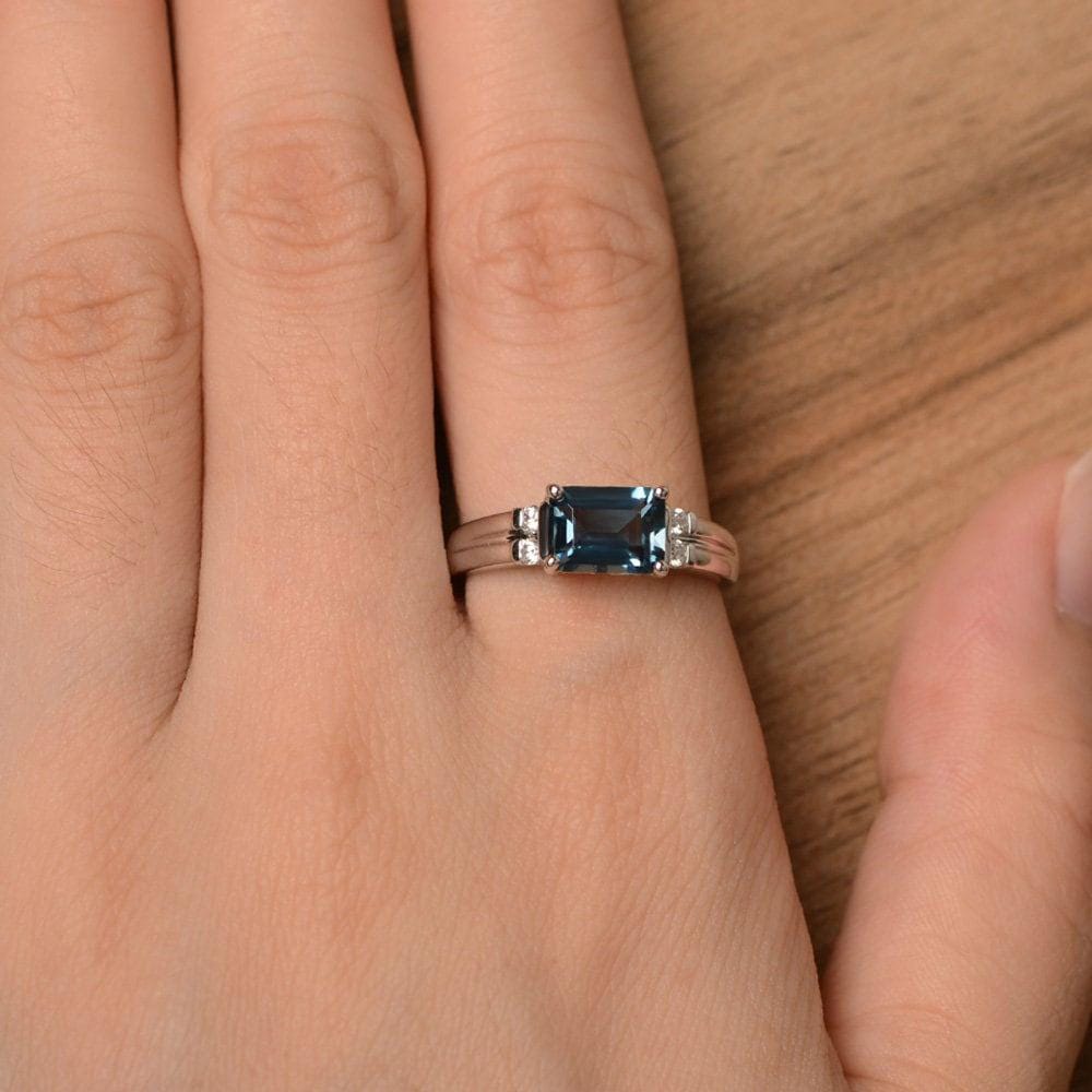London Blue Topaz Ring Emerald Shape Blue Gemstone Ring Sterling Silver ...