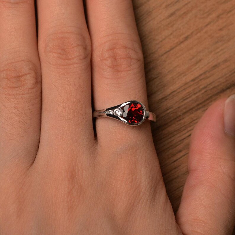 red garnet ring round cut engagement rings for her gemstone ring January birthstone ring silver image 4