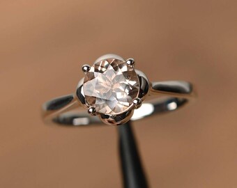 solitaire rings anniversary rings natural morganite rings pink gemstone round cut rings silver rings