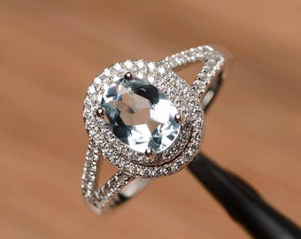 halo natural aquamarine ring promise ring March birthstone sterling silver ring oval cut blue gemstone ring