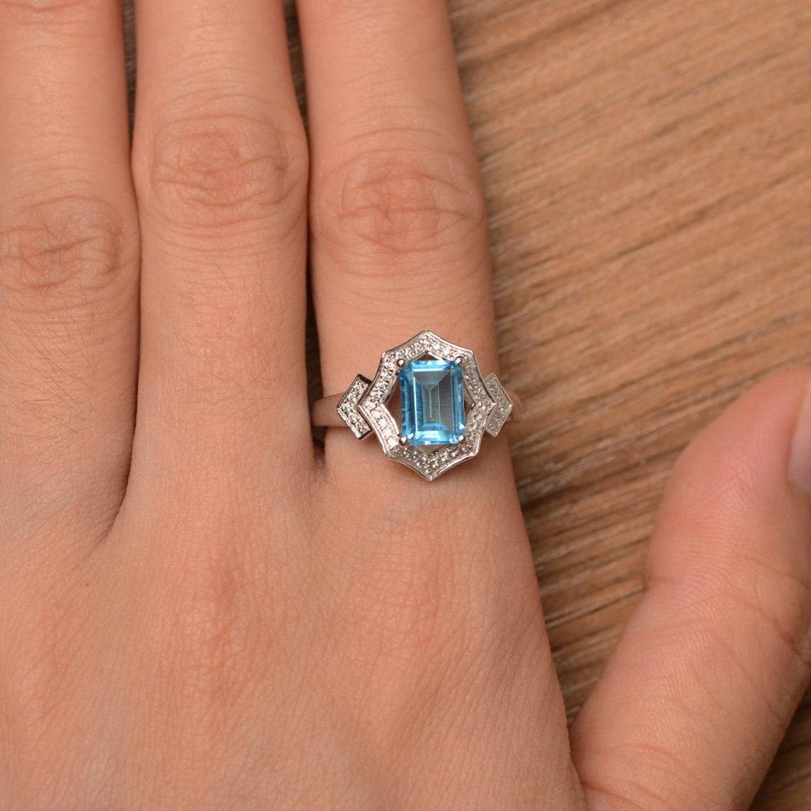 Swiss Blue Topaz Ring Emerald Cut Blue Gemstone Sterling Silver ...