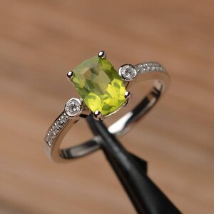 natural peridot promise ring cushion cut solid sterling silver August birthstone ring